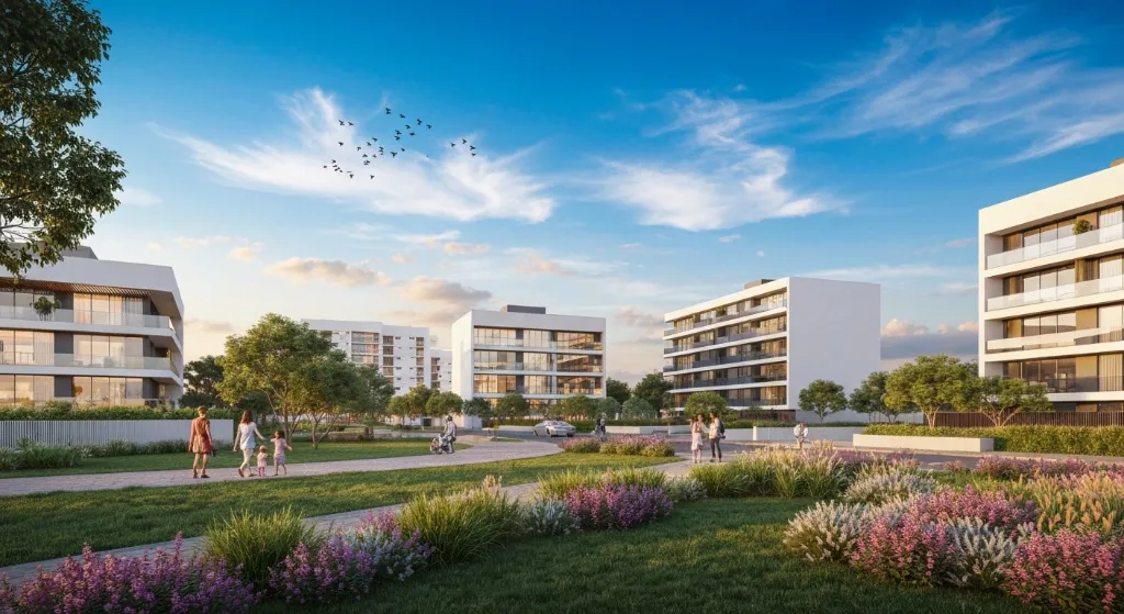 Visão de Águas Claras, Brasília, com prédios modernos, áreas verdes e famílias.