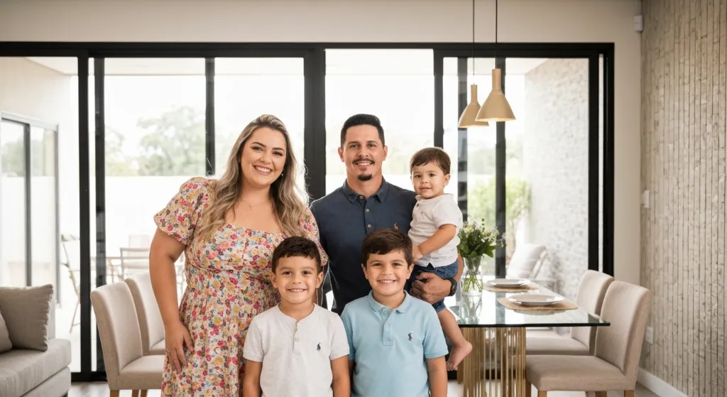 Família planejando a compra de um apartamento com a planta em mãos