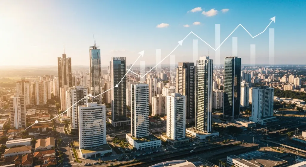 Vista aérea do Distrito Federal com destaque para o crescimento imobiliário e áreas promissoras.