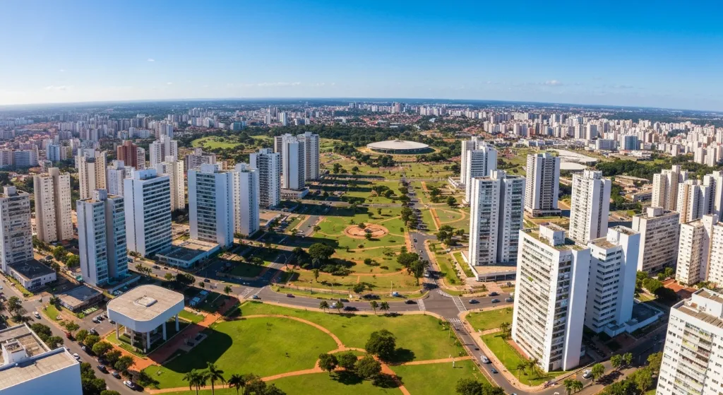 Vista aérea de Brasília com edifícios modernos e áreas verdes