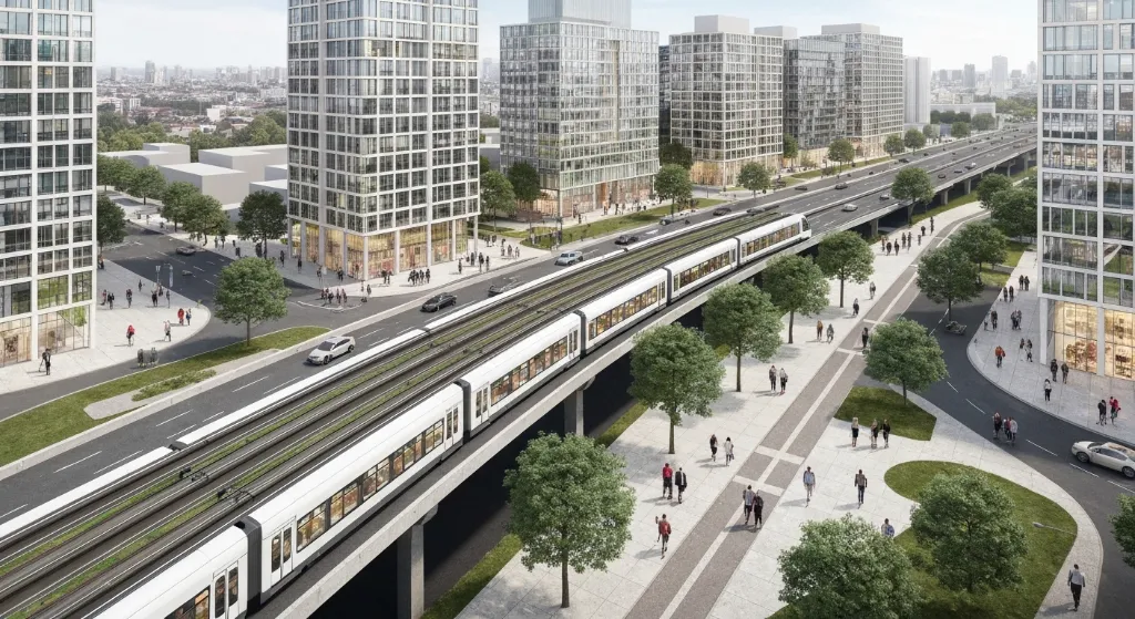 Cidade futurista com transporte multimodal integrado e prédios modernos
