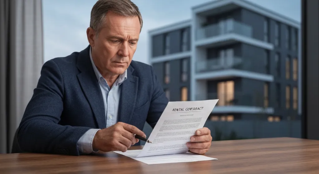 Proprietário analisando contrato de aluguel de imóvel particular com preocupação