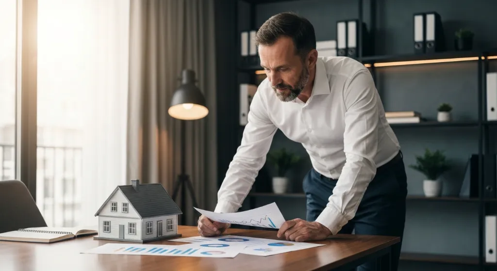 Homem analisando crédito imobiliário com casa em miniatura e gráficos financeiros