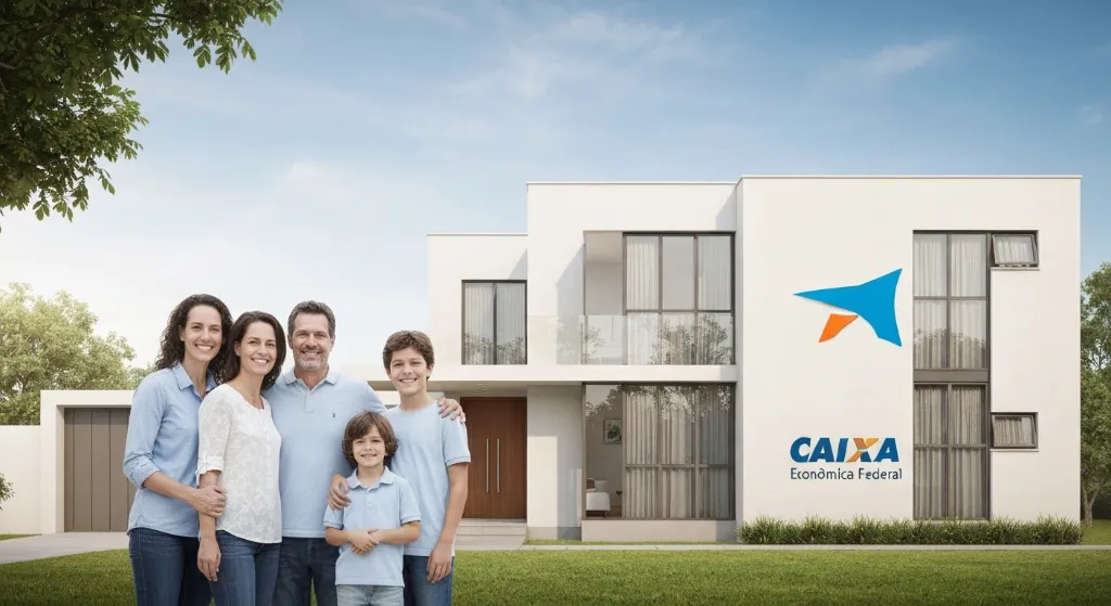 Família feliz em frente à casa financiada pela Caixa Econômica Federal
