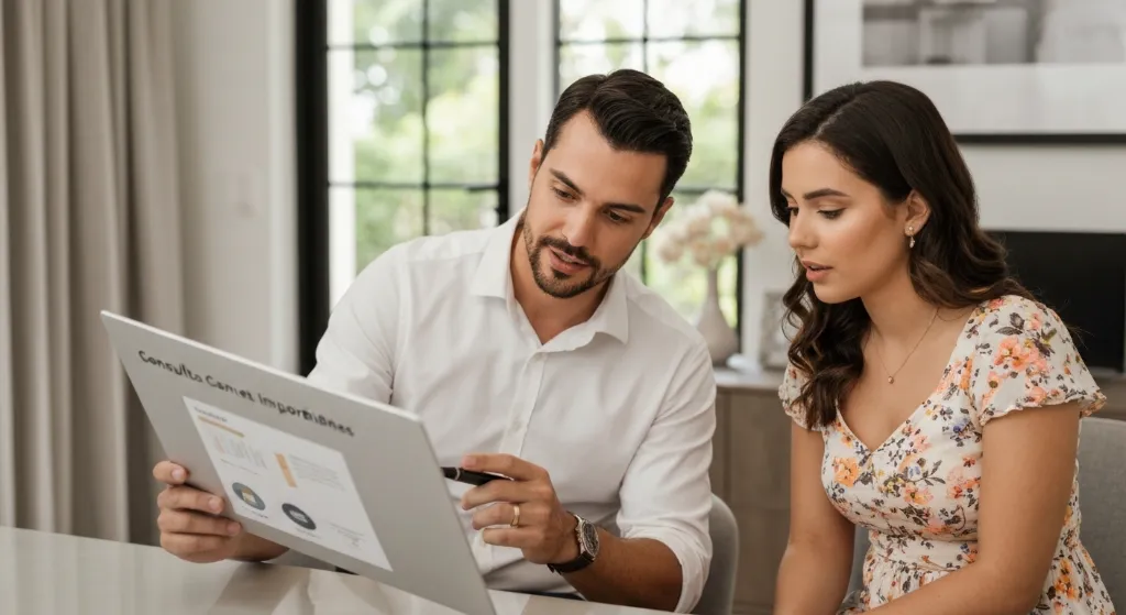Profissional explica avaliação de imóvel para casal