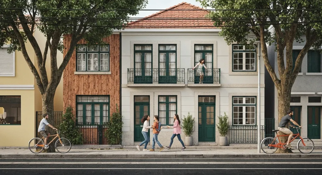 Família avaliando um imóvel em bairro com boa infraestrutura e segurança