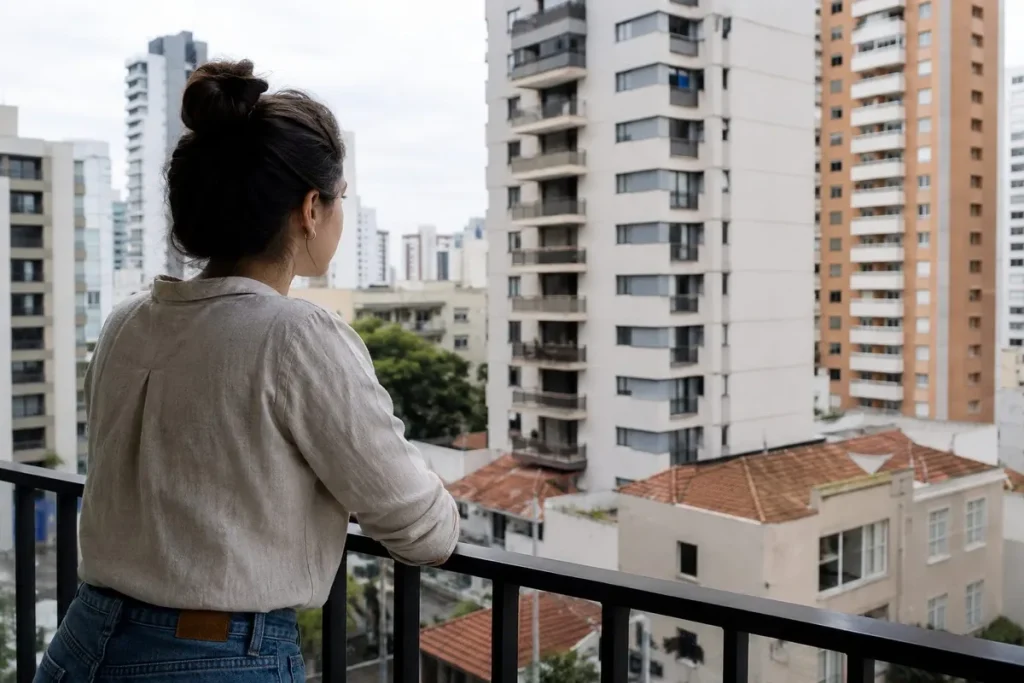 Família brasileira em frente a um prédio de apartamentos, refletindo sobre a dificuldade de comprar um imóvel.