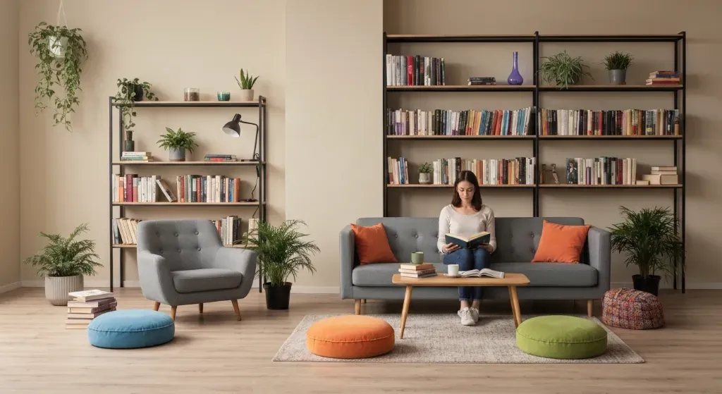 Sala de estar decorada de forma econômica e estilosa