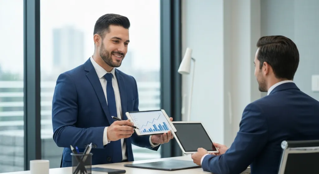 Profissional credenciado apresentando dados de vendas com confiança a um cliente