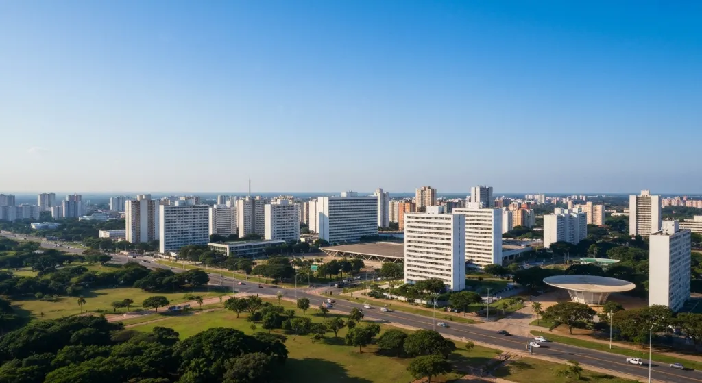 Vista aérea de apartamentos modernos em Brasília com sol no horizonte