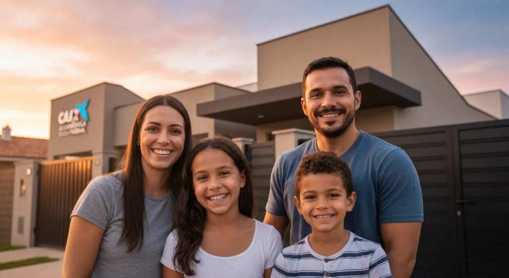 Família feliz em frente à sua primeira casa financiada pela Caixa.