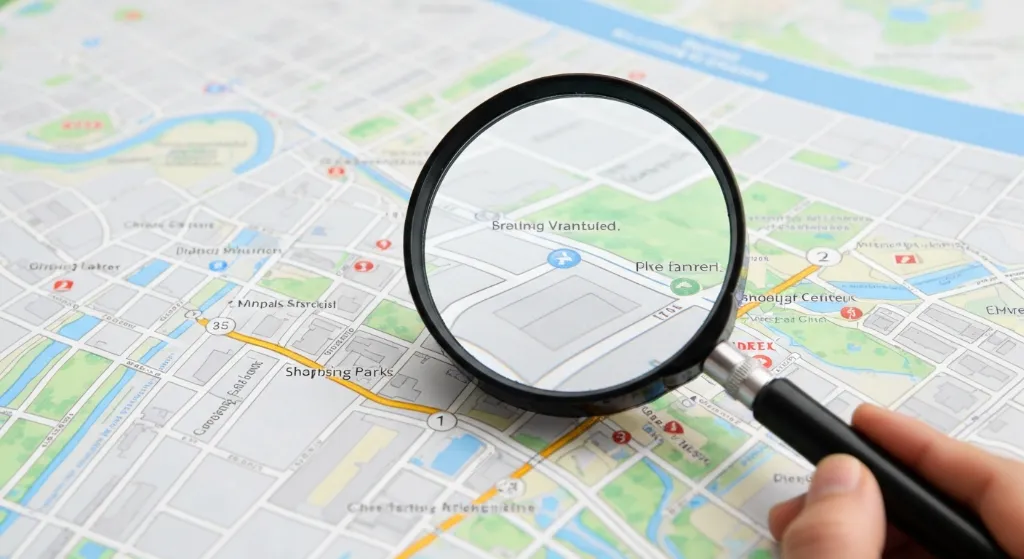 Lupa examinando mapa de cidade para escolha de imóvel
