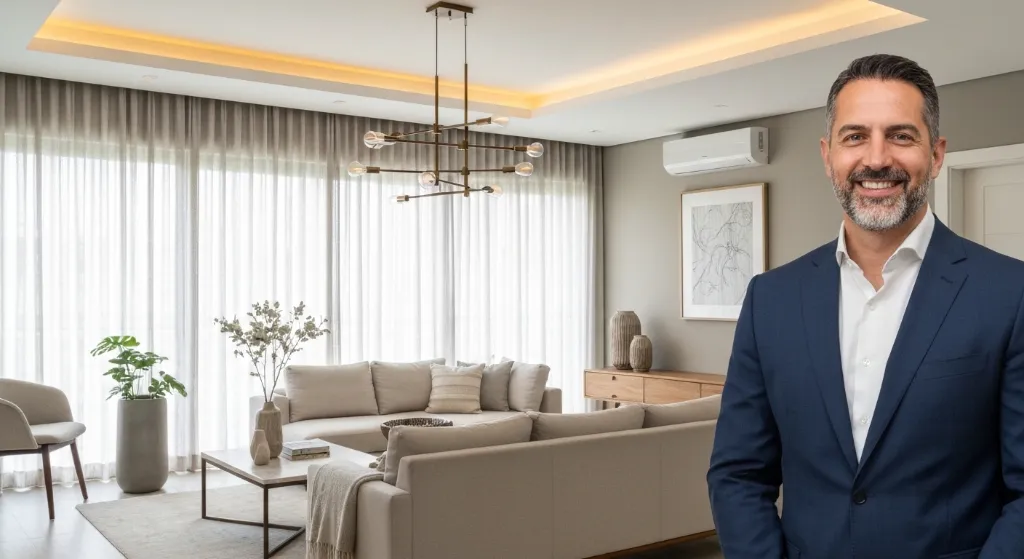 Sala de estar moderna e bem apresentada de um imóvel, com profissional imobiliário ao fundo