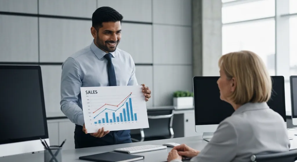 Profissional de vendas qualificado apresentando resultados positivos em uma reunião