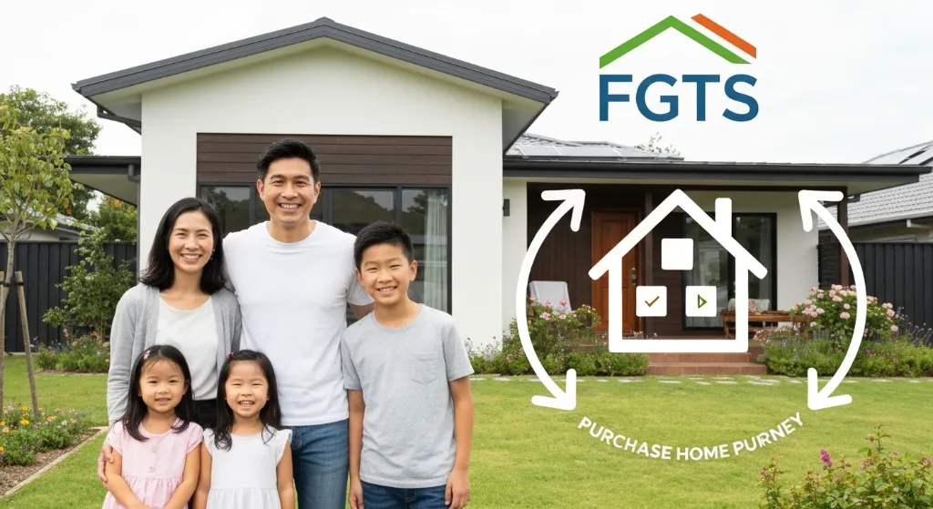 Família feliz em frente à casa nova, com auxílio do FGTS.