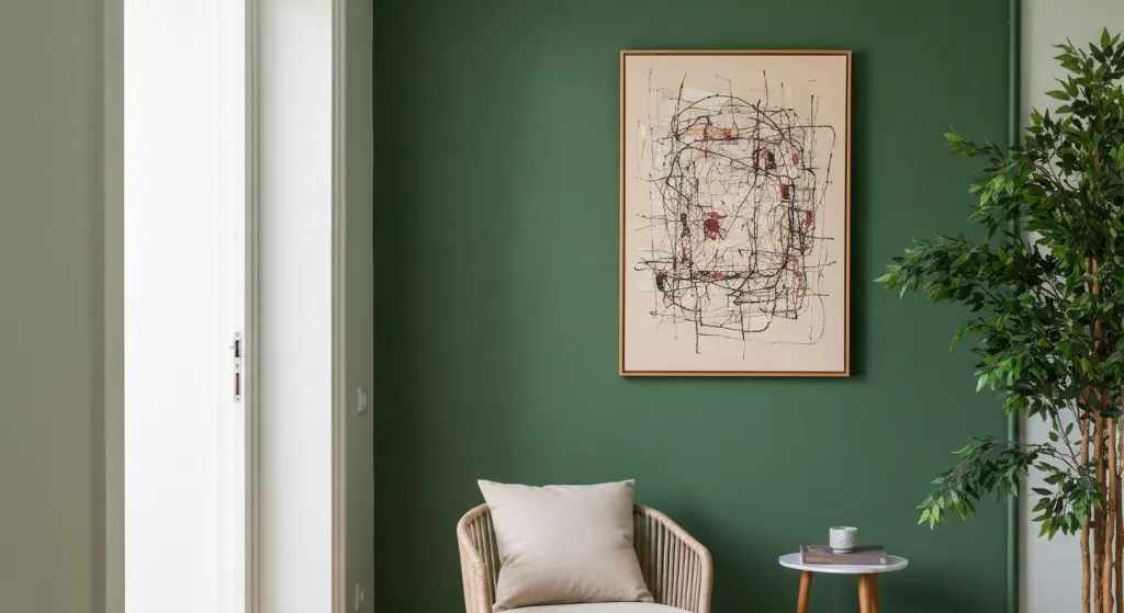 Parede de sala de estar com cor verde musgo e arte abstrata
