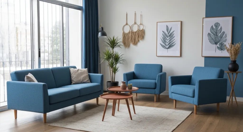 Sala de estar com cores suaves e decoração aconchegante