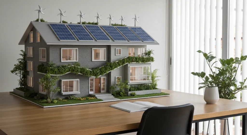 Comprador analisando modelo de imóvel sustentável com painéis solares e jardim vertical, em escritório de arquitetura.