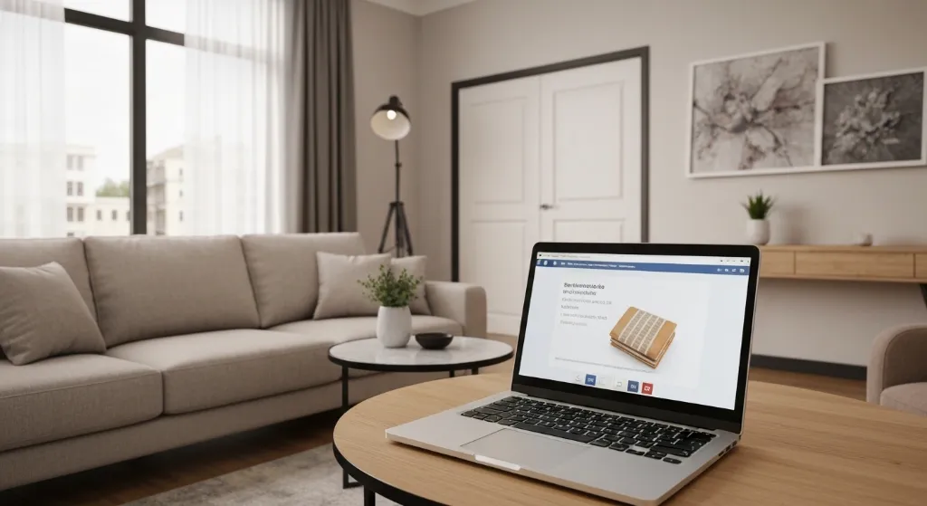 Comprador pesquisando imóveis baratos online em um laptop.
