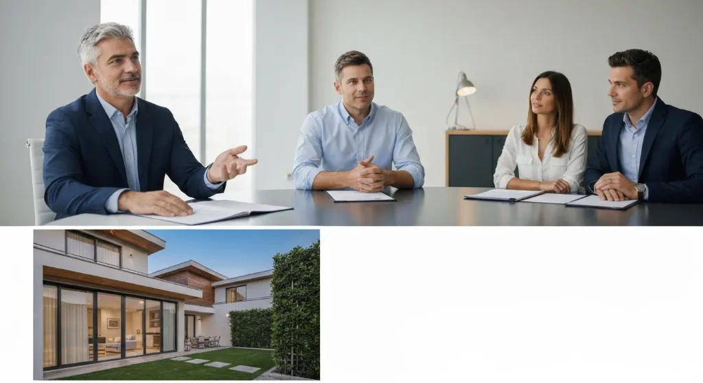 Consultor imobiliário auxiliando casal com documentos de compra de imóvel