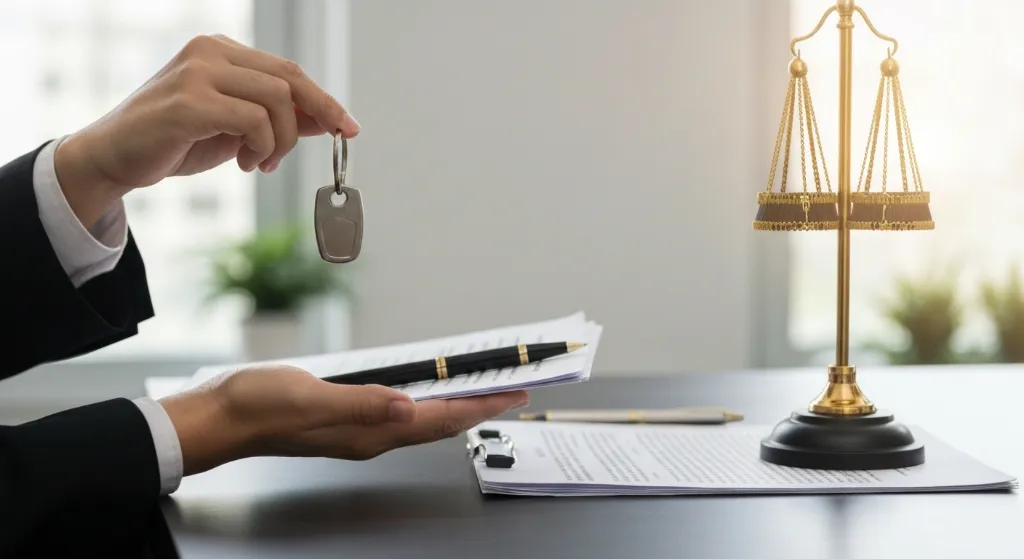 Mão recebendo chave de casa com documentos legais ao fundo