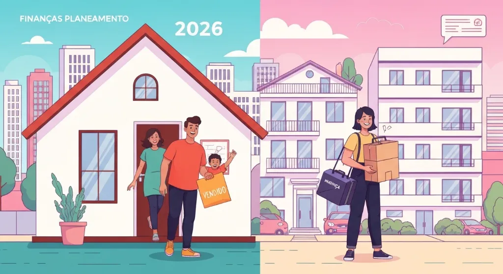 Ilustração comparando comprar e alugar casa em 2026