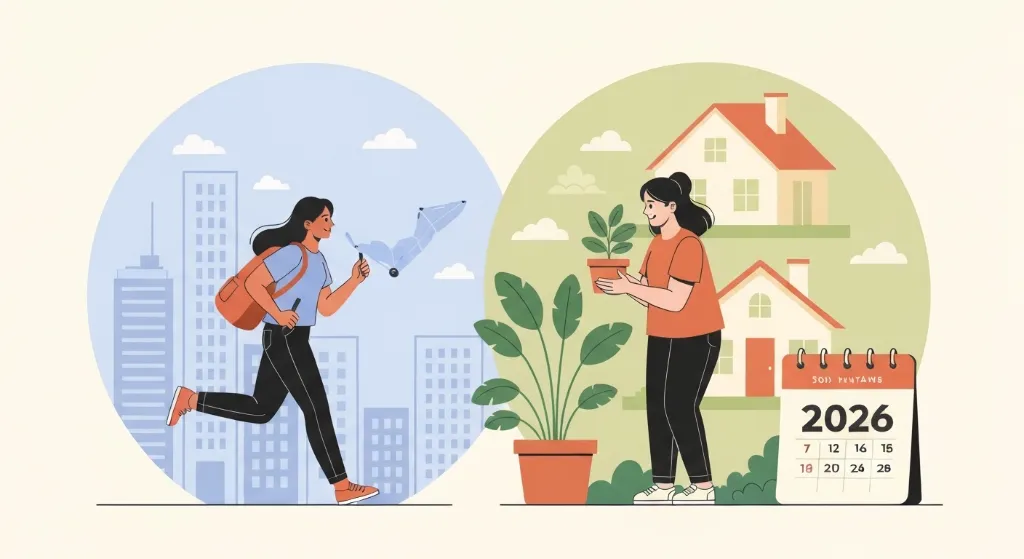 Ilustração comparativa de comprar vs. alugar imóvel em 2026