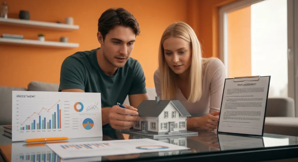 Casal decidindo entre comprar ou alugar imóvel com auxílio de gráficos financeiros.