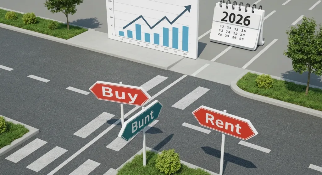 Encruzilhada representando a decisão entre comprar ou alugar imóvel em 2026.