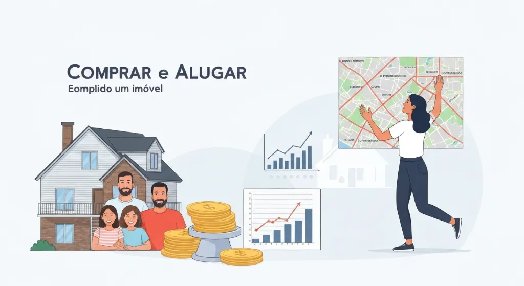 Balança comparando os benefícios de comprar um imóvel versus alugar um imóvel