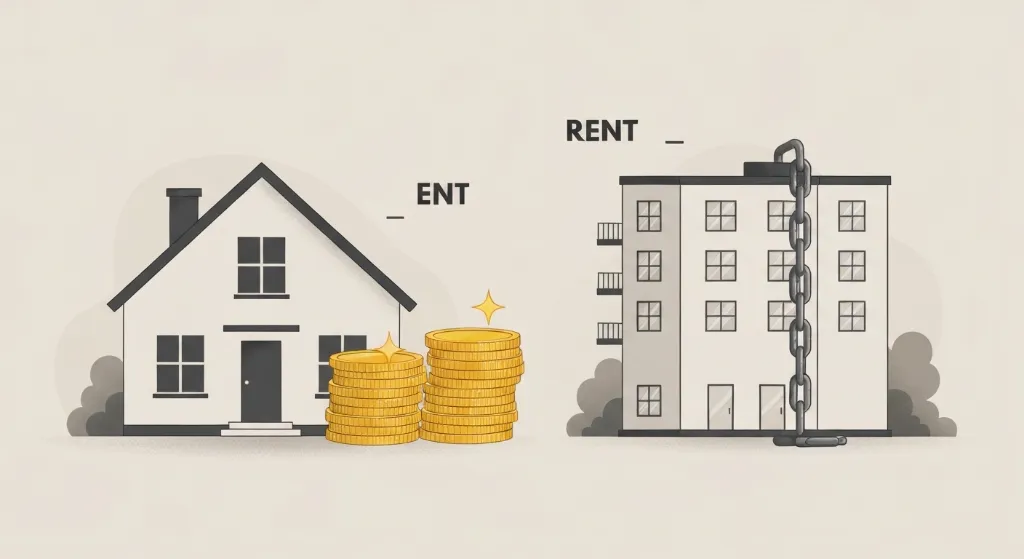 Ilustração comparando custos de comprar imóvel versus alugar.