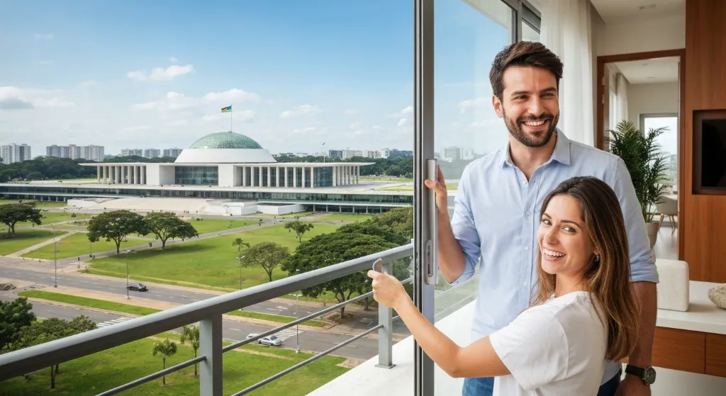 Casal comprando primeiro imóvel em Brasília com vista para o Congresso Nacional