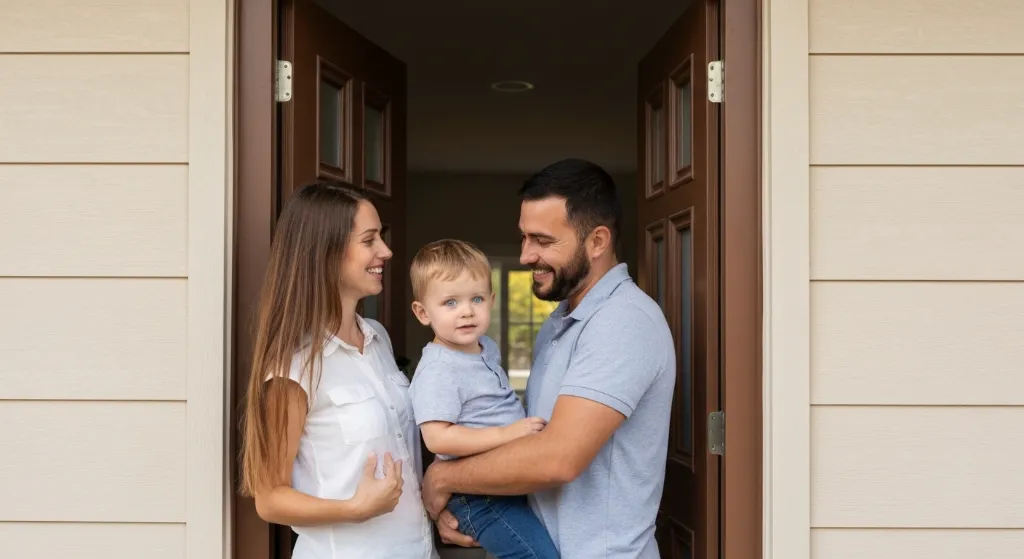 Família celebrando a conquista da chave do primeiro imóvel com esperança e alegria.