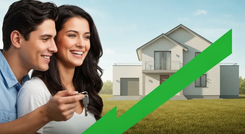 Casal feliz comprando seu primeiro imóvel com segurança e sucesso financeiro.