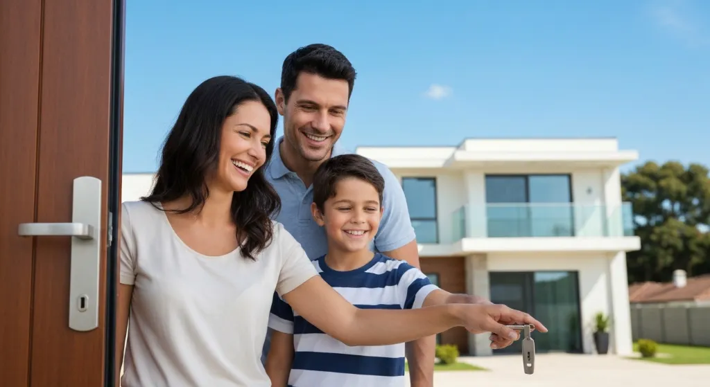 Família feliz com chave de casa em frente ao primeiro imóvel