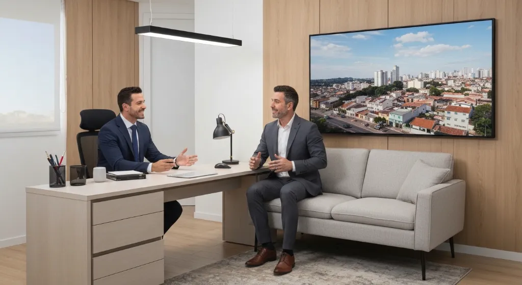 Corretor de imóveis explicando detalhes a compradores