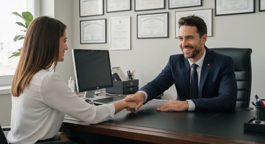 Profissional de vendas exibindo credenciais e fechando negócio com cliente