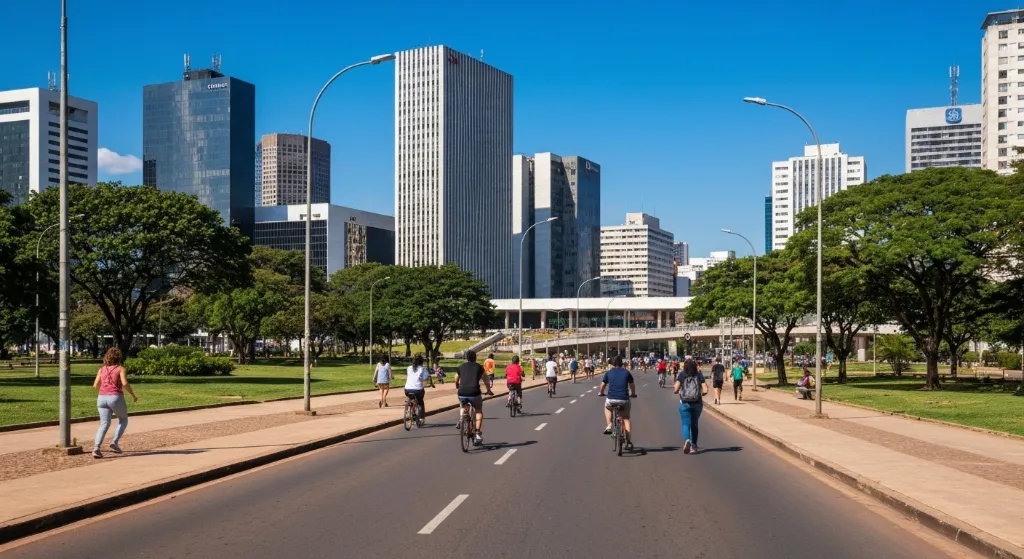 Vista aérea de Águas Claras, Brasília, destacando a infraestrutura moderna e a qualidade de vida.