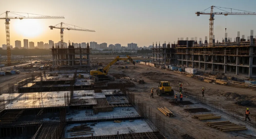 Canteiro de obras moderno em expansão com guindastes e trabalhadores.
