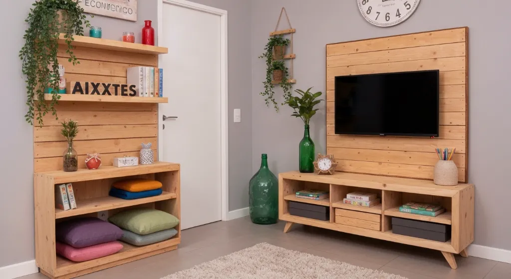 Sala de estar decorada com projetos de decoração DIY e itens reciclados