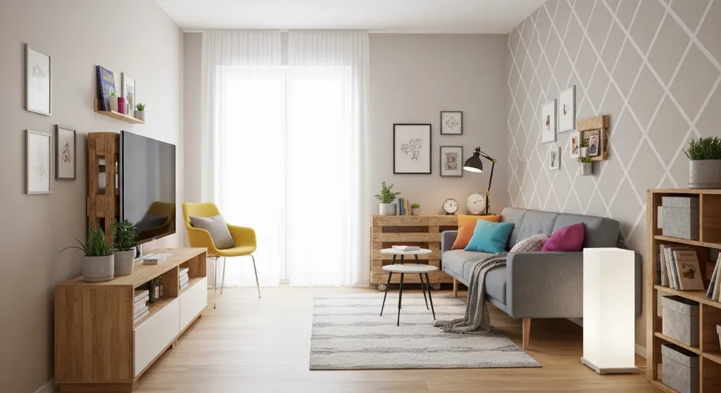 Sala de estar decorada de forma simples e barata com móveis multifuncionais e elementos DIY