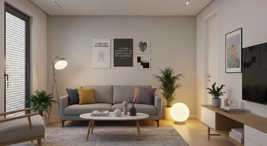 Sala de estar decorada e aconchegante em um imóvel alugado, com elementos de decoração temporários e funcionais.