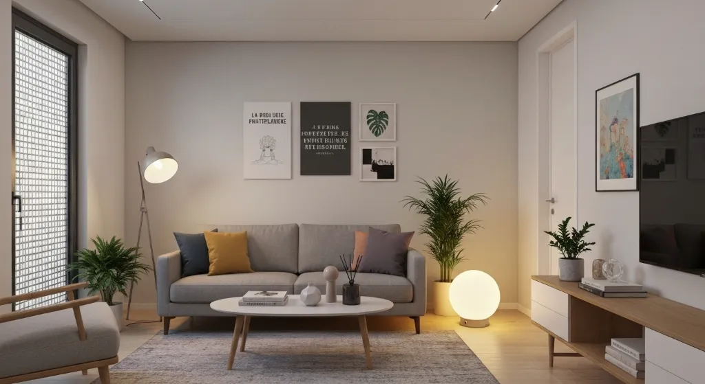 Sala de estar decorada e aconchegante em um imóvel alugado, com elementos de decoração temporários e funcionais.