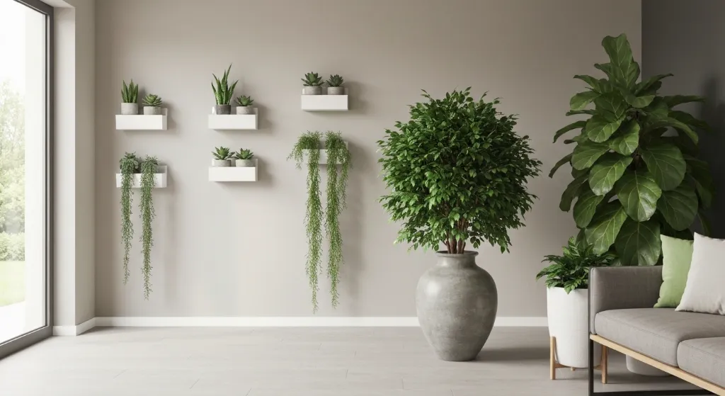 Sala de estar decorada com diversas plantas, criando um ambiente aconchegante e vibrante.