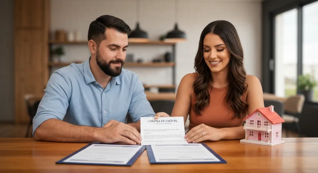 Casal celebrando a negociação de um imóvel barato.
