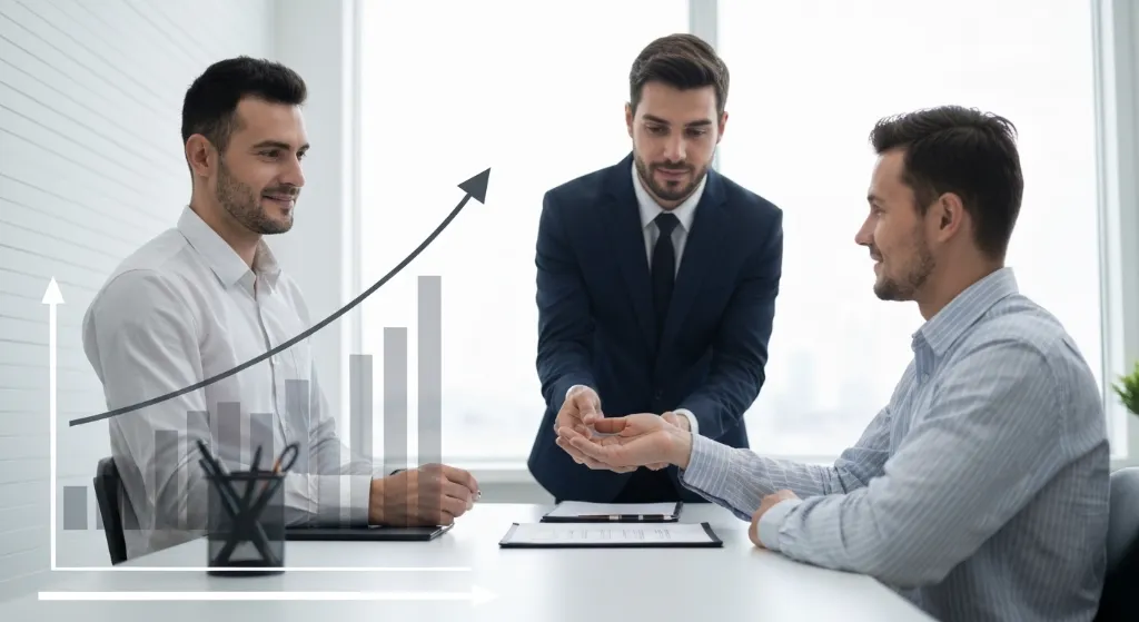 Vendedor profissional credenciado apertando a mão de cliente satisfeito, com gráfico de vendas ao fundo.