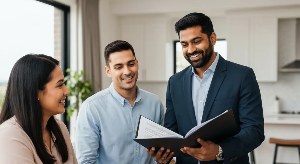 Profissional imobiliário explicando documentos para um casal
