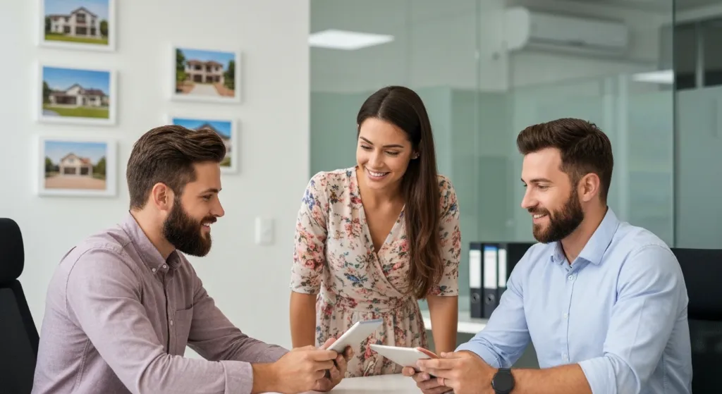 Corretor explicando financiamento imobiliário para compradores