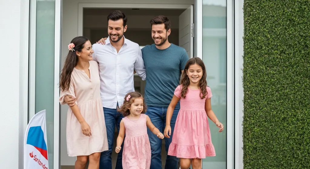 Família feliz em frente à casa nova, celebrando a conquista do primeiro imóvel com financiamento facilitado pelo Santander.
