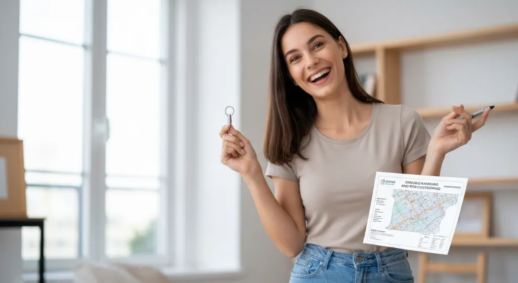 Pessoa feliz comprando primeiro imóvel com planejamento financeiro